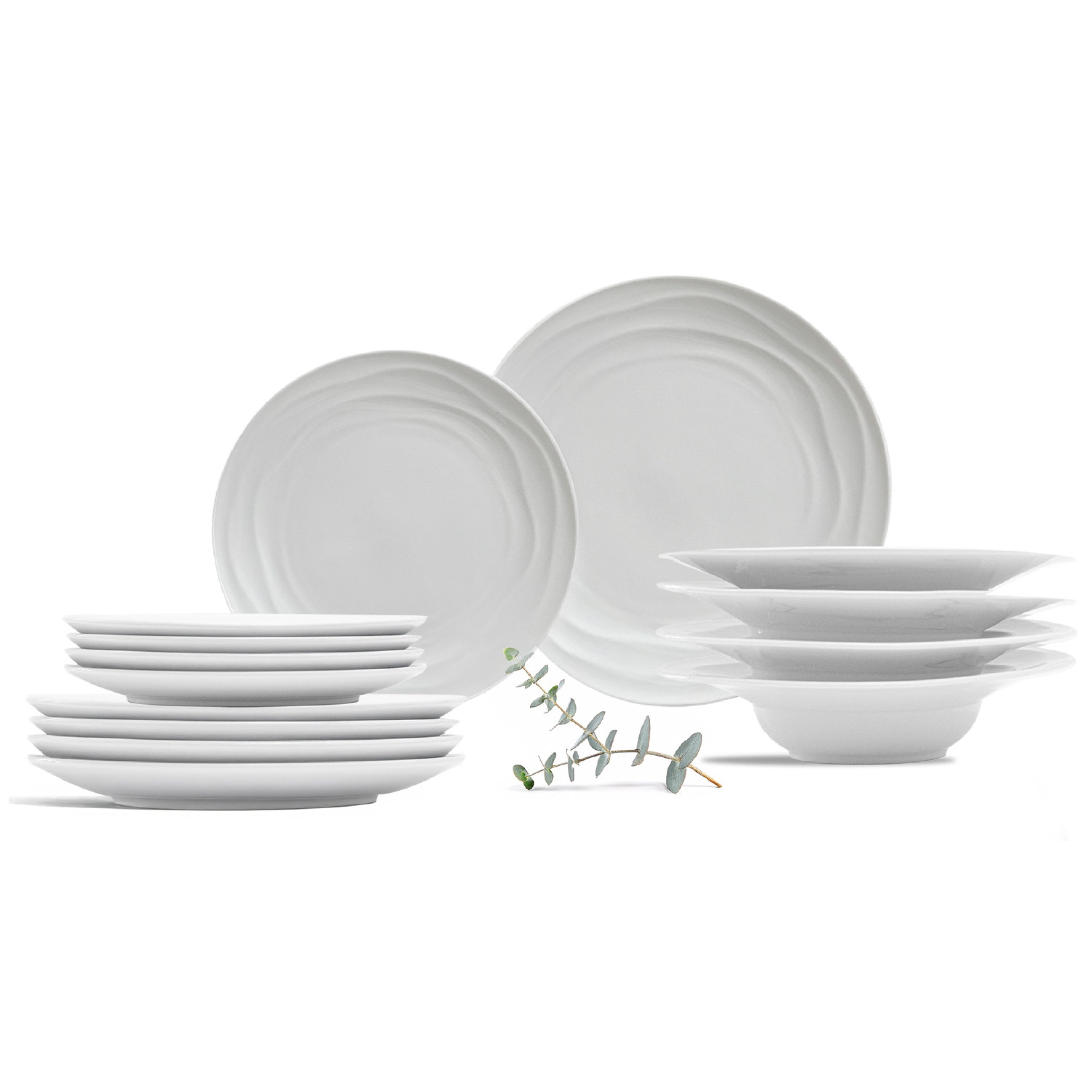 Natural Waves Porcelain Dinnerware Set – Elegant 12-Piece Set for 4 | White, Scratch-Resistant & Oven Safe | By Pots & Patterns