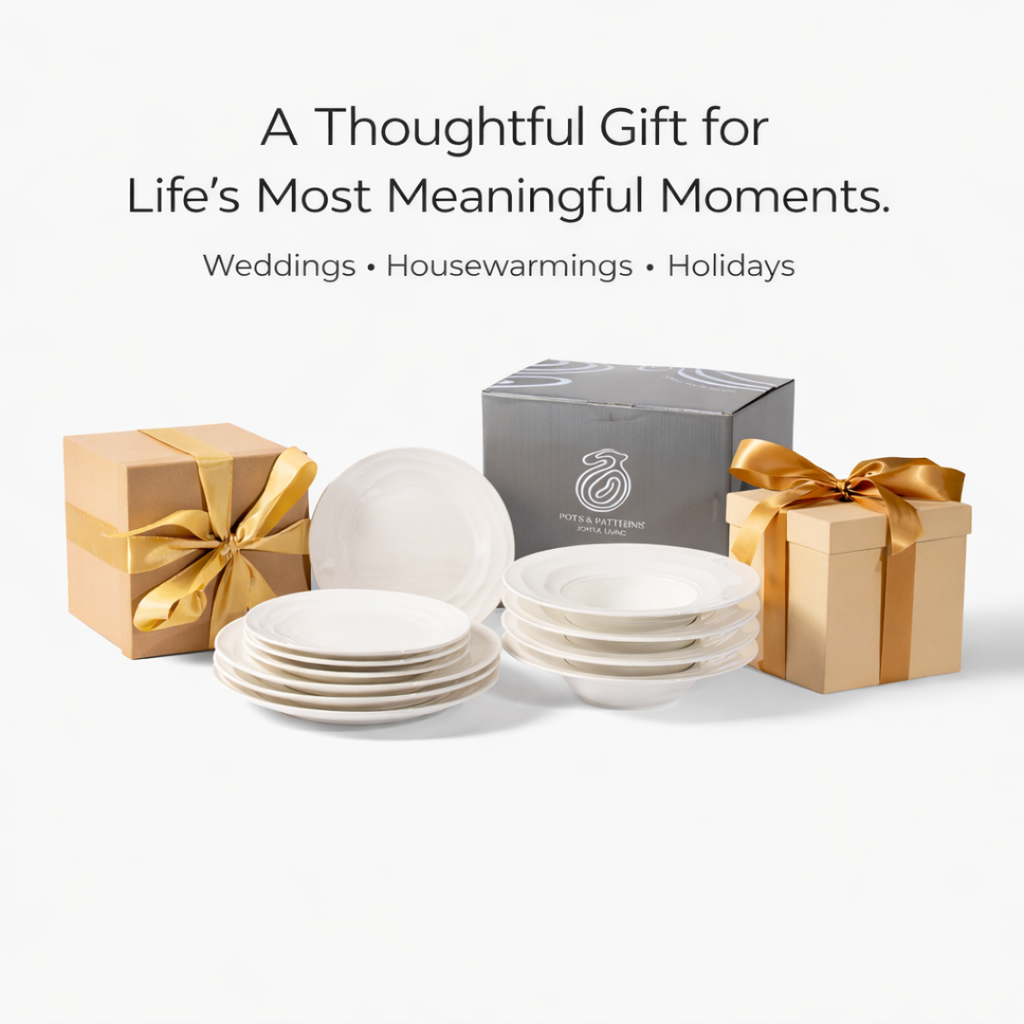 Set of white ceramic plates with gold gift boxes on a white background, featuring text about thoughtful gifts for special occasions.