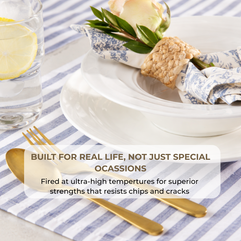 Dinner setting with white plates, gold fork, and striped tablecloth, featuring text about material durability.