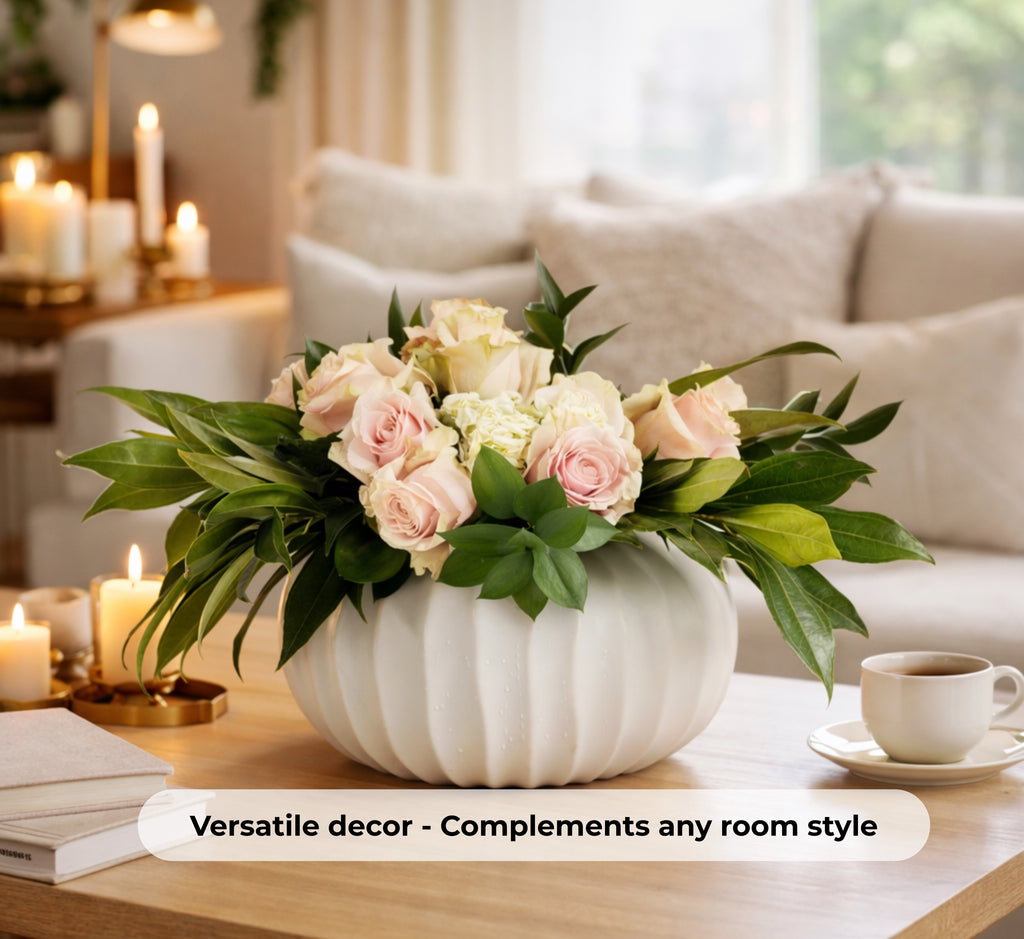 11" Large White Ceramic Flower Vase - Low Profile Centerpiece for Dining & Home Decor