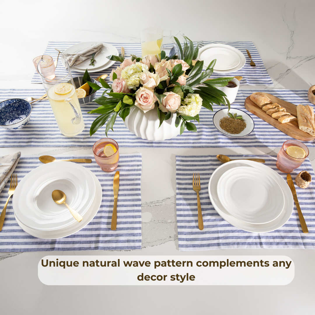Natural Waves Porcelain Dinnerware Set – Elegant 12-Piece Set for 4 | White, Scratch-Resistant & Oven Safe | By Pots & Patterns