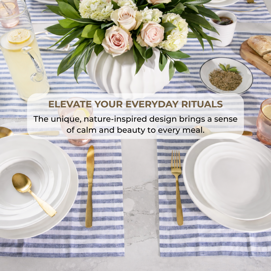 Table setting with flowers, plates, and cutlery on a striped tablecloth with promotional text overlay.