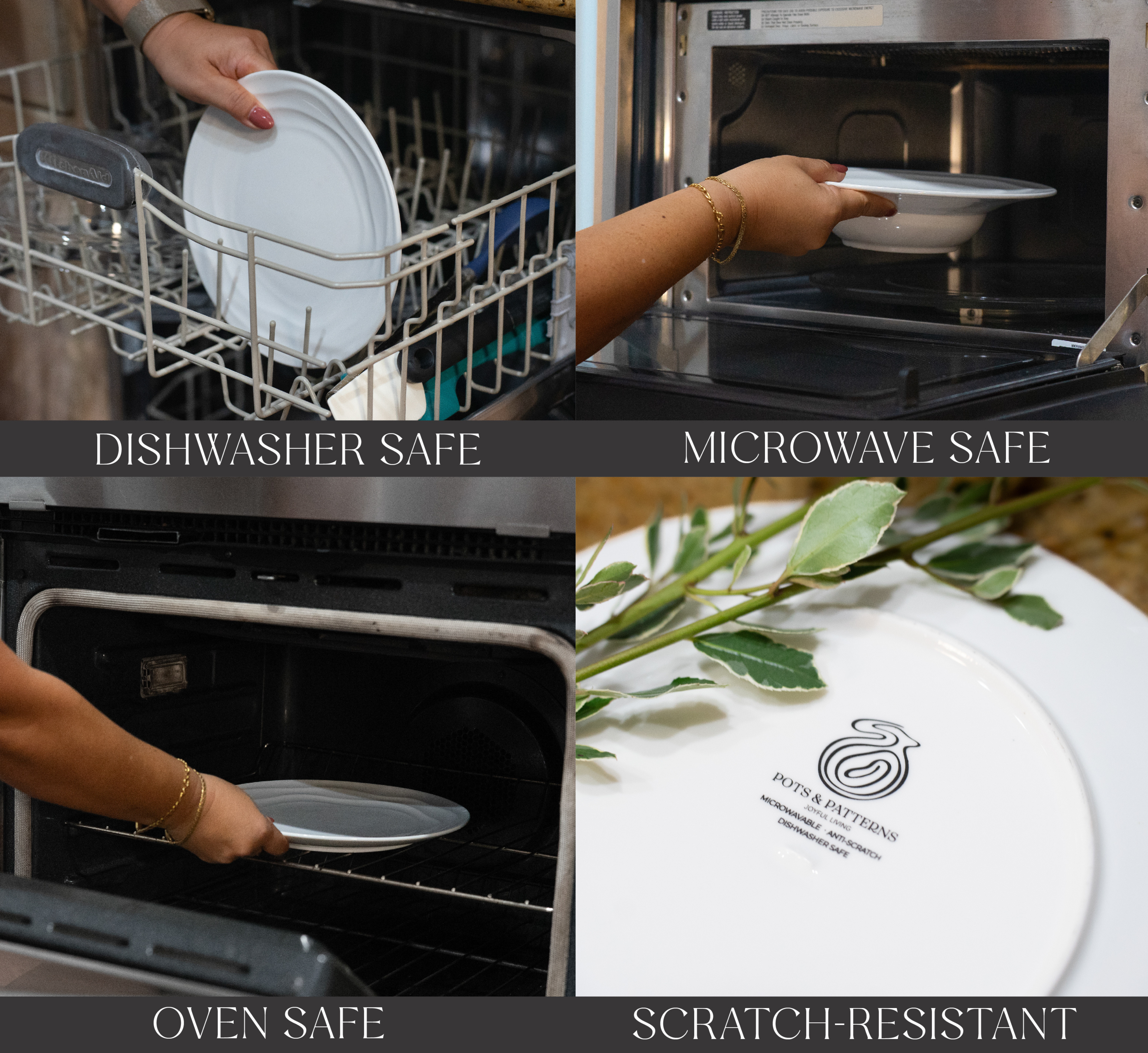 Natural Waves Porcelain Dinnerware Set – Elegant 12-Piece Set for 4 | White, Scratch-Resistant & Oven Safe | By Pots & Patterns