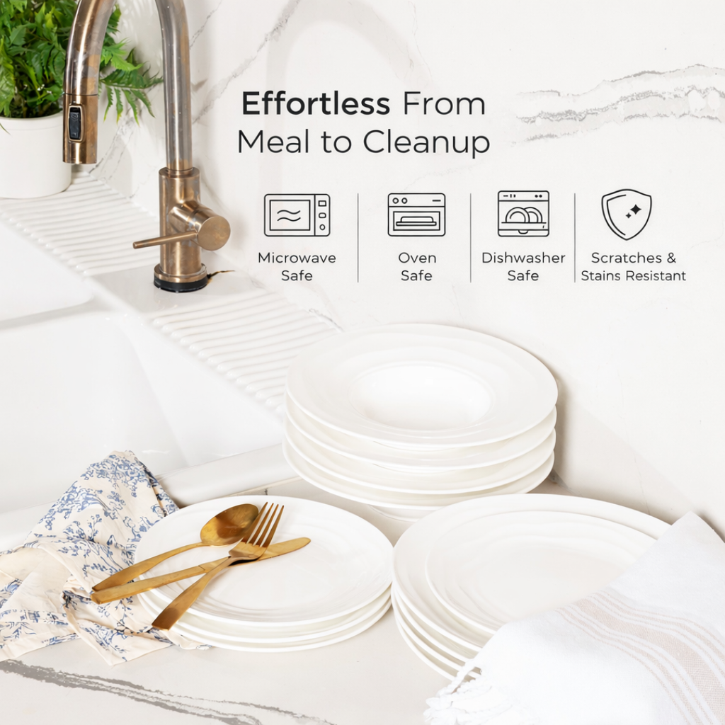 White ceramic plates with gold cutlery on a marble countertop, with text highlighting features.