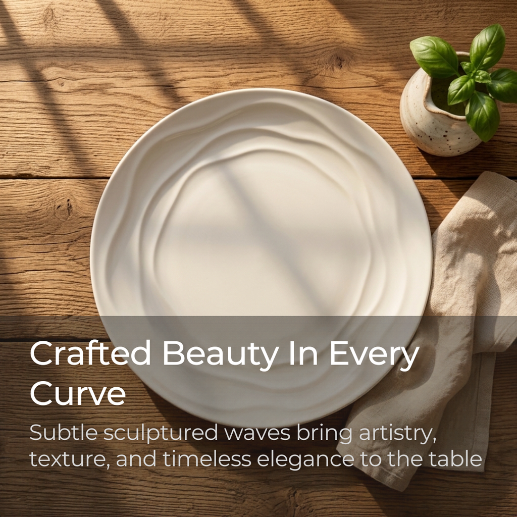 Natural Waves porcelain dinner plate on a wood table with a linen napkin and basil, showing the sculpted wave texture