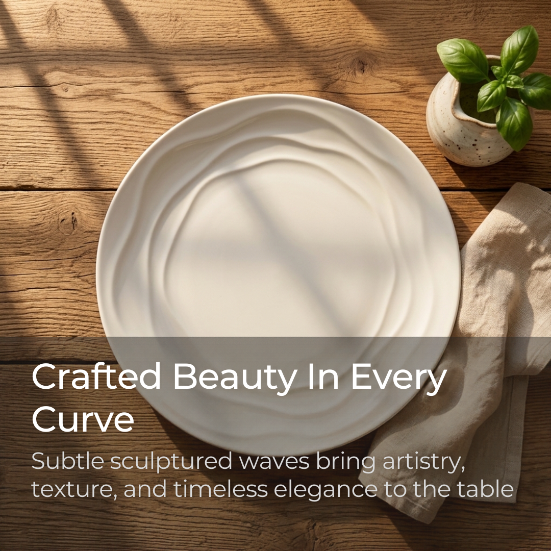 Natural Waves porcelain dinner plate on a wood table with a linen napkin and basil, showing the sculpted wave texture