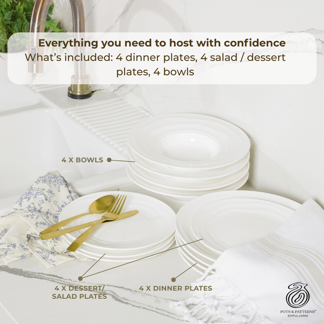 Natural Waves Porcelain Dinnerware Set – Elegant 12-Piece Set for 4 | White, Scratch-Resistant & Oven Safe | By Pots & Patterns