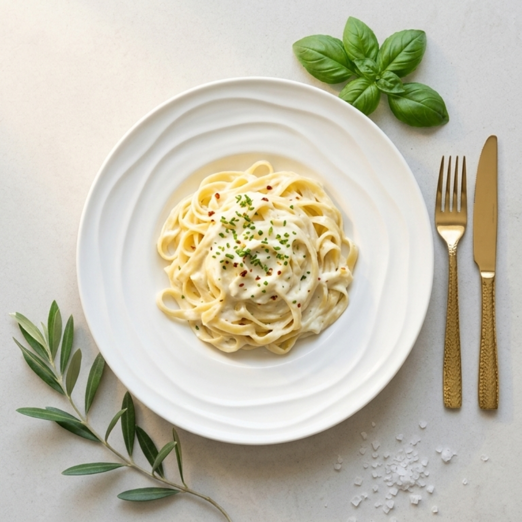 Natural Waves dinner plate with fettuccine alfredo, fresh basil and olive branch