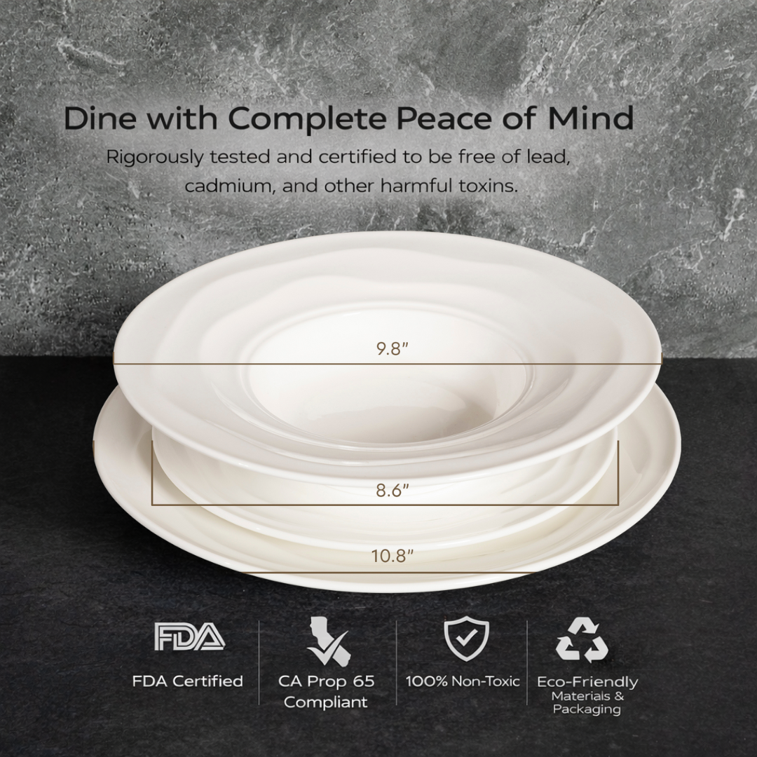 Set of white ceramic plates with measurements on a dark background, featuring certifications and safety information.
