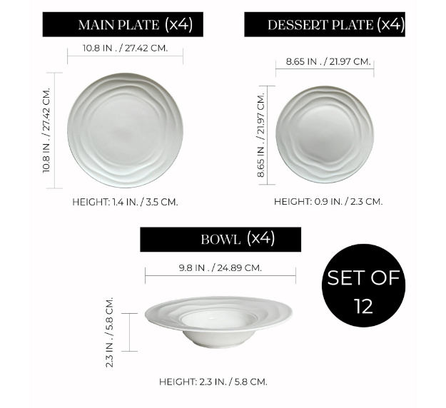 Pots & Patterns Natural Waves Bone China Dinnerware Set, 12-Piece White Plates and Bowls, Service for 4 — Chip-Resistant, Microwave & Dishwasher Safe