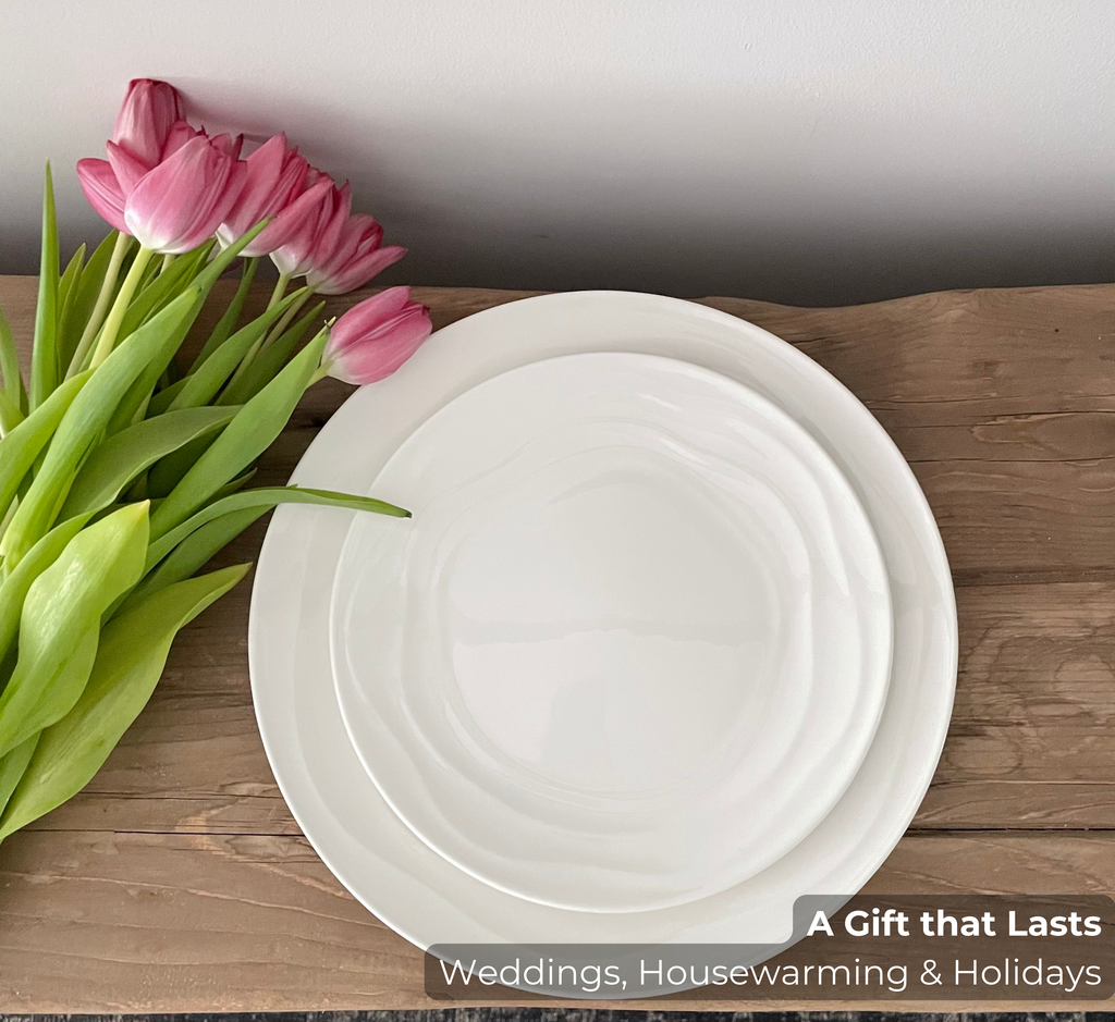 Natural Waves Porcelain Dinnerware Set – Elegant 12-Piece Set for 4 | White, Scratch-Resistant & Oven Safe | By Pots & Patterns