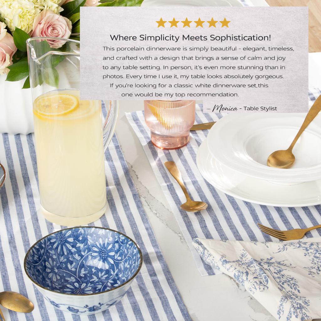 Dining table setting with porcelain dinnerware, glass, and lemon, featuring a five-star rating card.