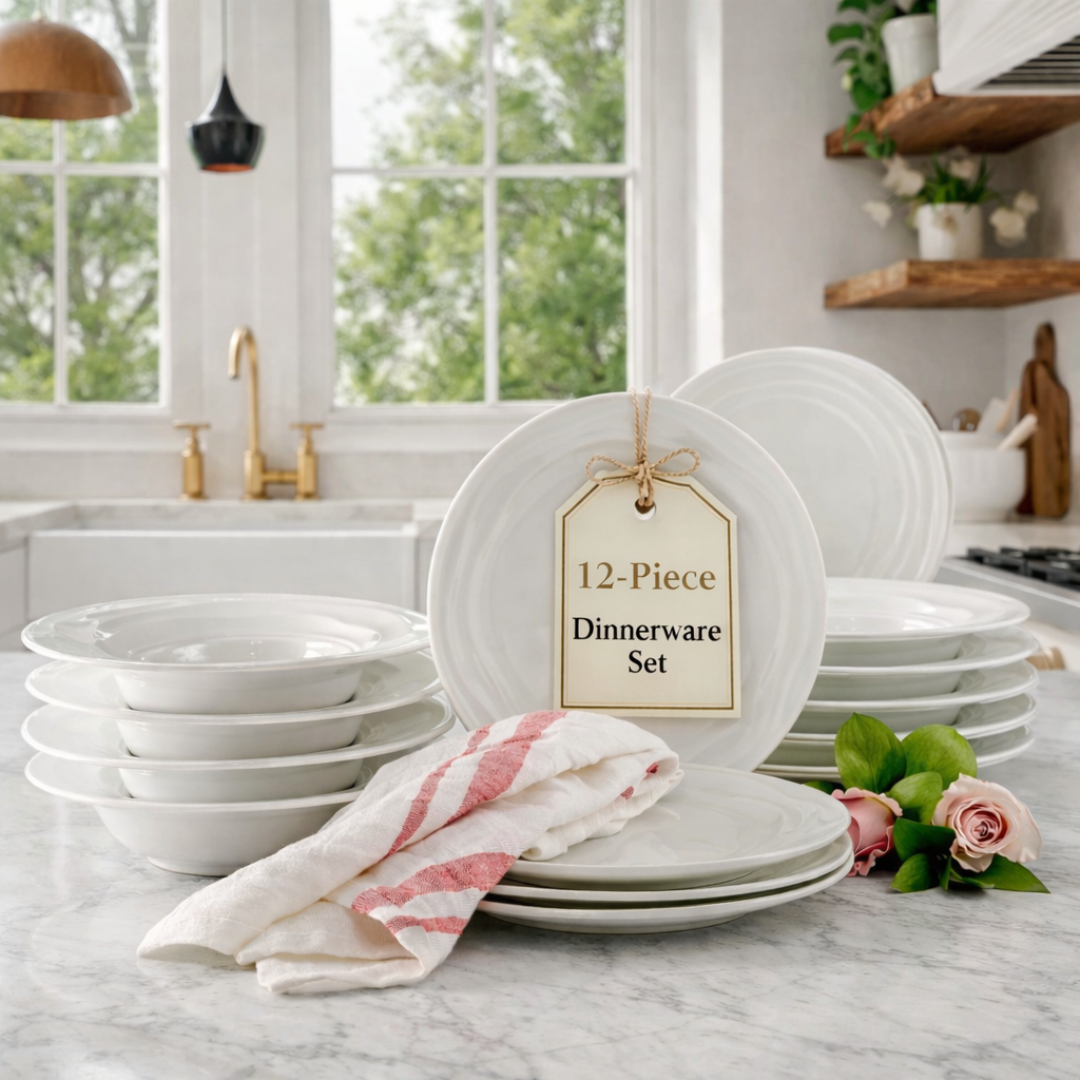 Pots & Patterns Natural Waves Bone China Dinnerware Set, 12-Piece White Plates and Bowls, Service for 4 — Chip-Resistant, Microwave & Dishwasher Safe