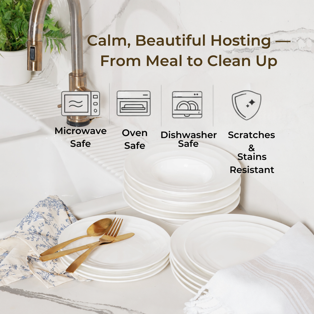 Pots & Patterns Natural Waves Bone China Dinnerware Set, 12-Piece White Plates and Bowls, Service for 4 — Chip-Resistant, Microwave & Dishwasher Safe