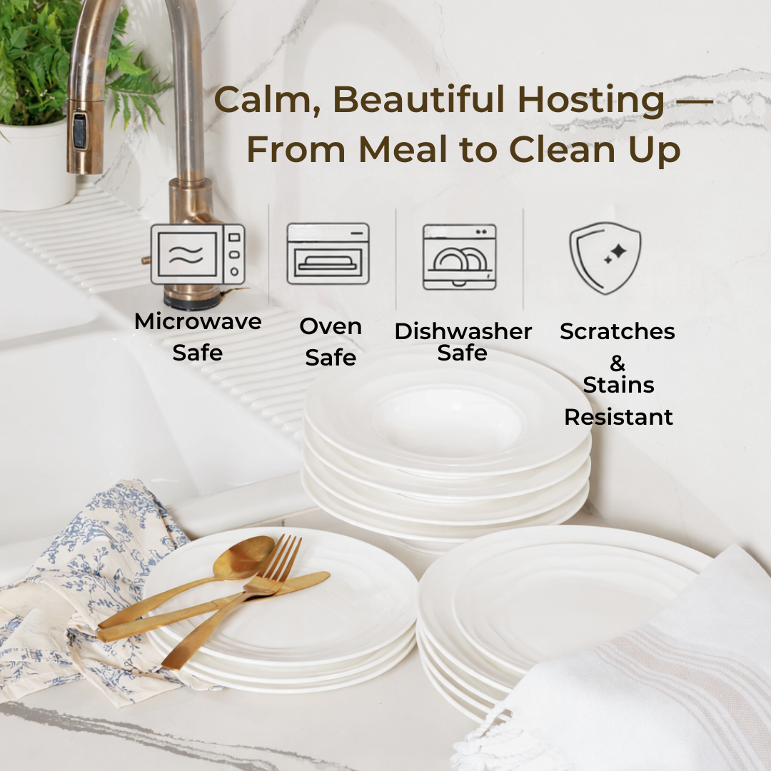 Pots & Patterns Natural Waves Bone China Dinnerware Set, 12-Piece White Plates and Bowls, Service for 4 — Chip-Resistant, Microwave & Dishwasher Safe