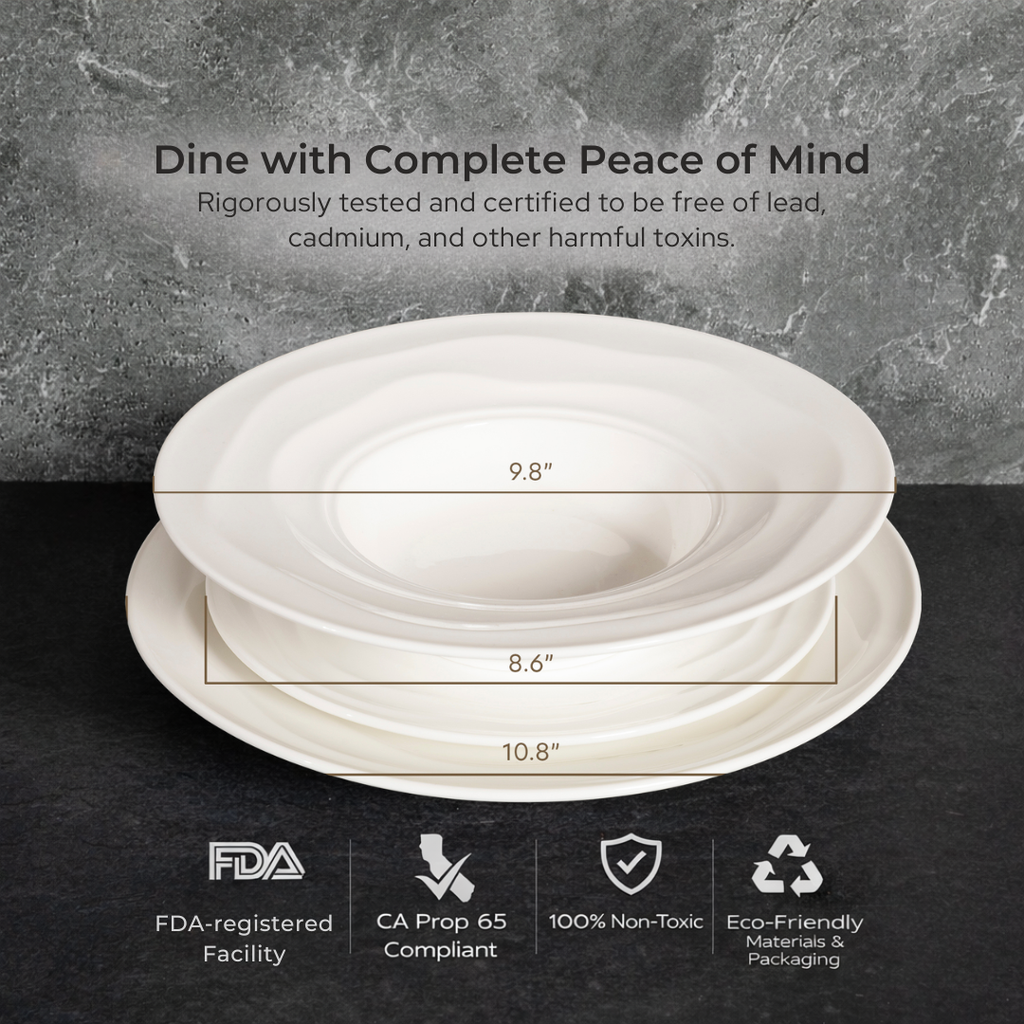 Pots & Patterns Natural Waves Bone China Dinnerware Set, 12-Piece White Plates and Bowls, Service for 4 — Chip-Resistant, Microwave & Dishwasher Safe