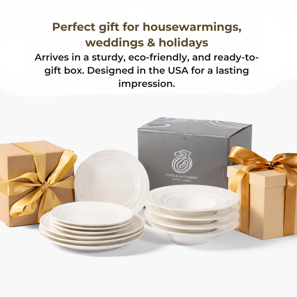 Pots & Patterns Natural Waves Bone China Dinnerware Set, 12-Piece White Plates and Bowls, Service for 4 — Chip-Resistant, Microwave & Dishwasher Safe