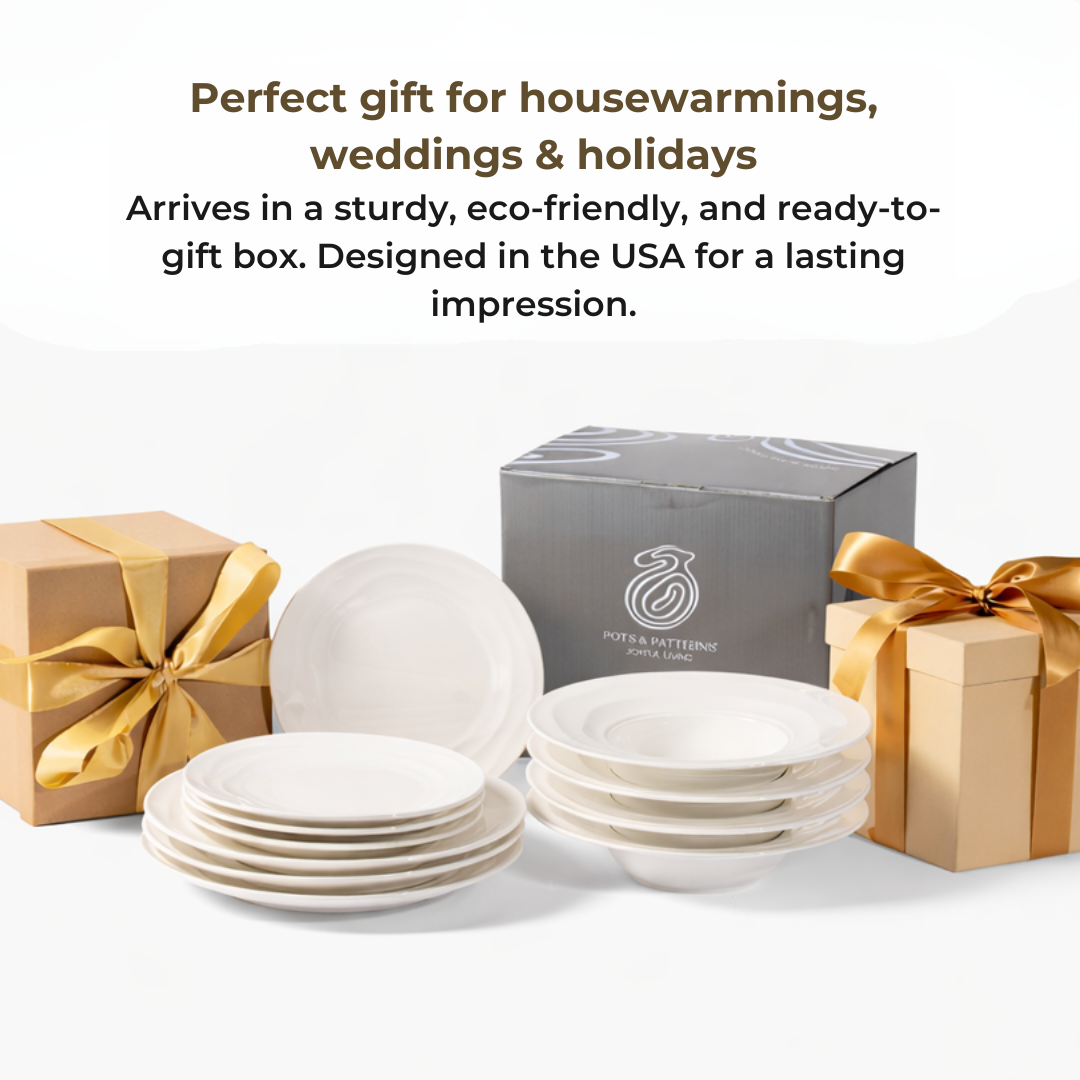Pots & Patterns Natural Waves Bone China Dinnerware Set, 12-Piece White Plates and Bowls, Service for 4 — Chip-Resistant, Microwave & Dishwasher Safe