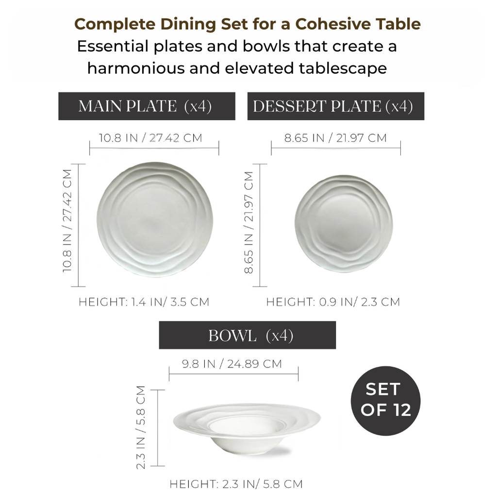 Pots & Patterns Natural Waves Bone China Dinnerware Set, 12-Piece White Plates and Bowls, Service for 4 — Chip-Resistant, Microwave & Dishwasher Safe