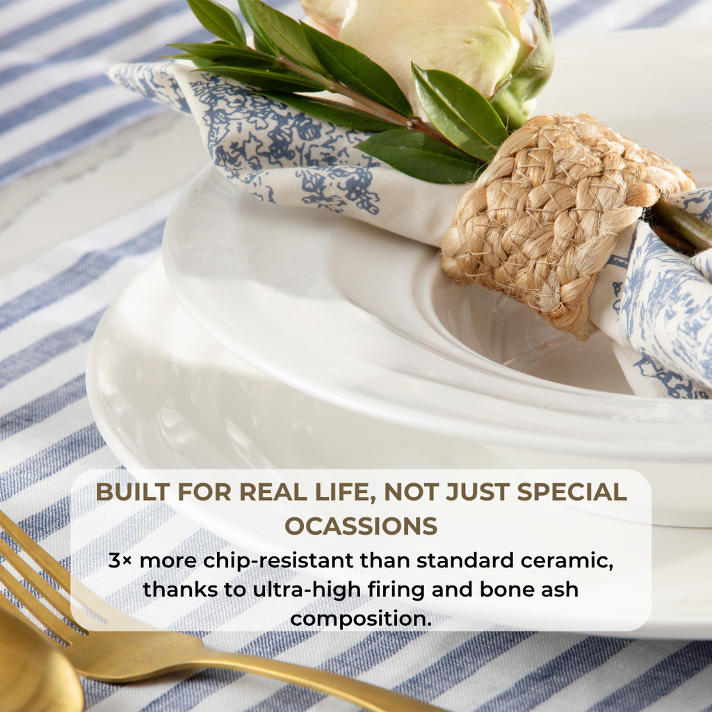 Pots & Patterns Natural Waves Bone China Dinnerware Set, 12-Piece White Plates and Bowls, Service for 4 — Chip-Resistant, Microwave & Dishwasher Safe