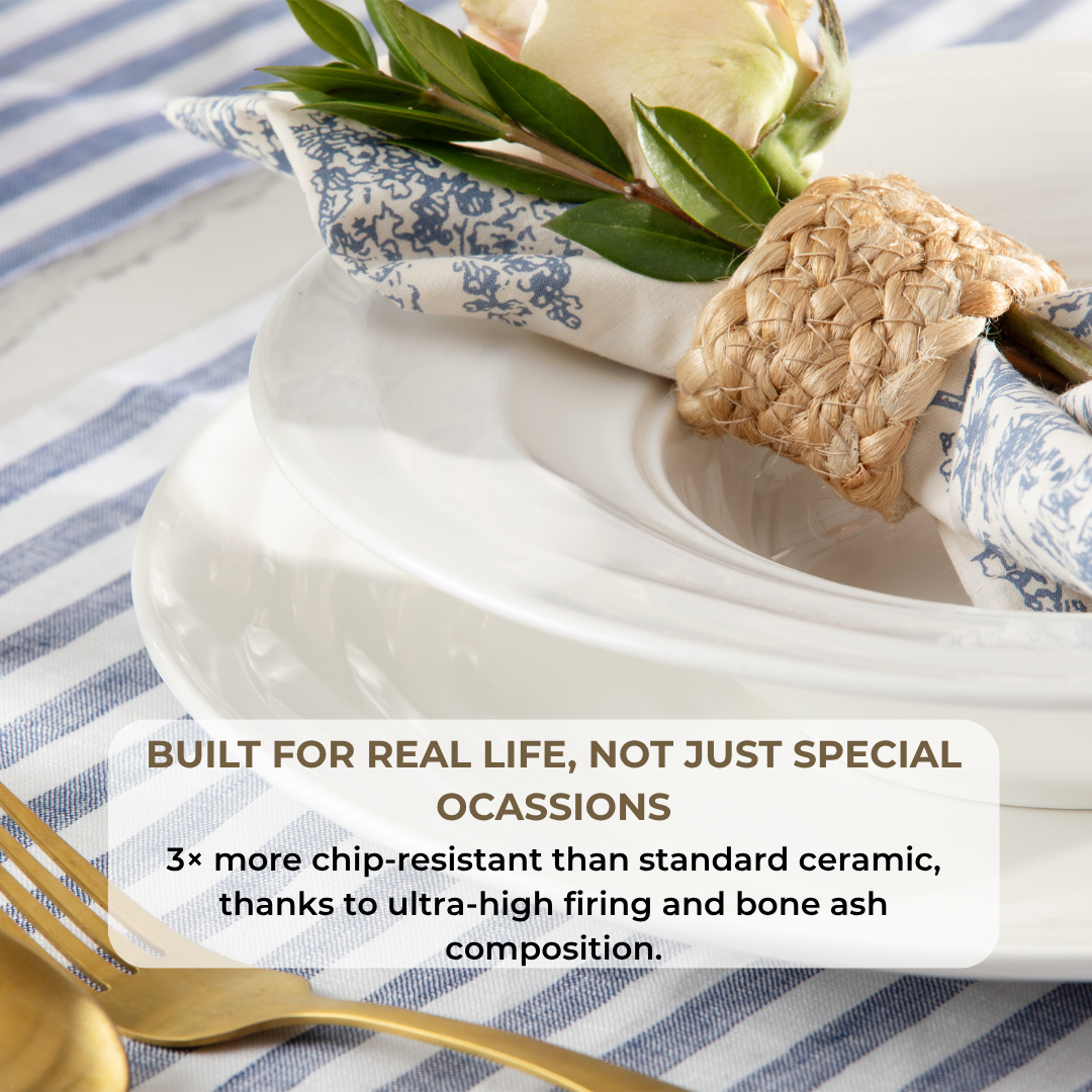 Pots & Patterns Natural Waves Bone China Dinnerware Set, 12-Piece White Plates and Bowls, Service for 4 — Chip-Resistant, Microwave & Dishwasher Safe