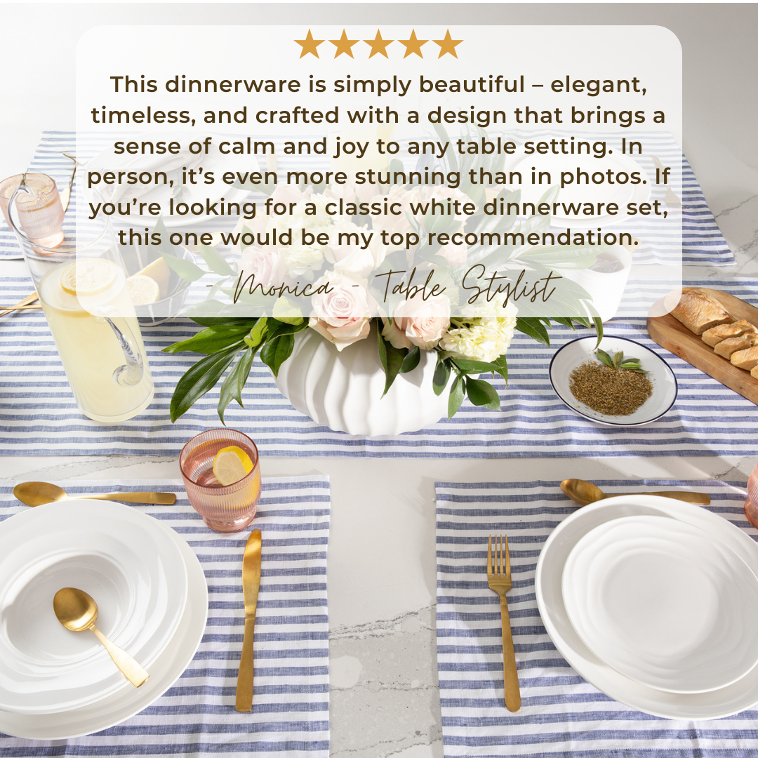 Pots & Patterns Natural Waves Bone China Dinnerware Set, 12-Piece White Plates and Bowls, Service for 4 — Chip-Resistant, Microwave & Dishwasher Safe