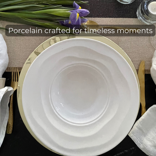 Luxury Porcelain Dinnerware Set -White 12-Piece Set for 4, Scratch & Chip Resistant, Oven Safe. Modern & Timeless Design by Pots & Patterns.
