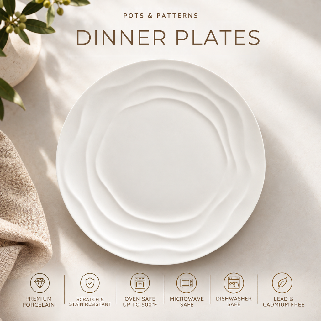 Natural Waves dinner plate with icons: premium porcelain, scratch and stain resistant, oven safe to 500°F, microwave and dishwasher safe, lead and cadmium free