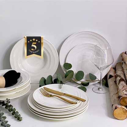 Luxury Porcelain Dinnerware Set -White 12-Piece Set for 4, Scratch & Chip Resistant, Oven Safe. Modern & Timeless Design by Pots & Patterns.