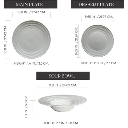 Luxury Porcelain Dinnerware Set -White 12-Piece Set for 4, Scratch & Chip Resistant, Oven Safe. Modern & Timeless Design by Pots & Patterns.