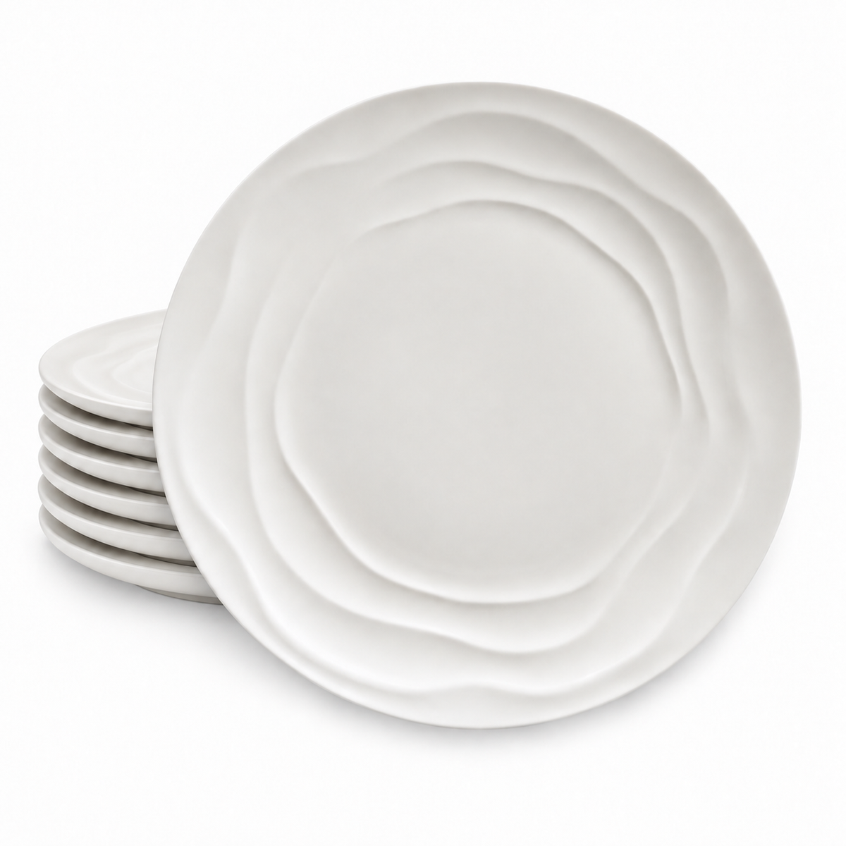 Stack of six Natural Waves white porcelain dinner plates with a sculpted wave pattern