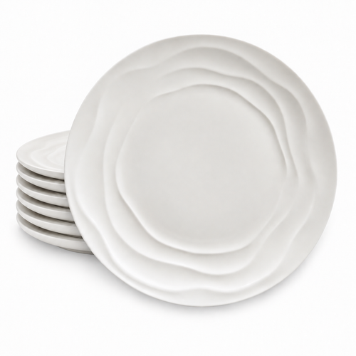 Stack of six Natural Waves white porcelain dinner plates with a sculpted wave pattern