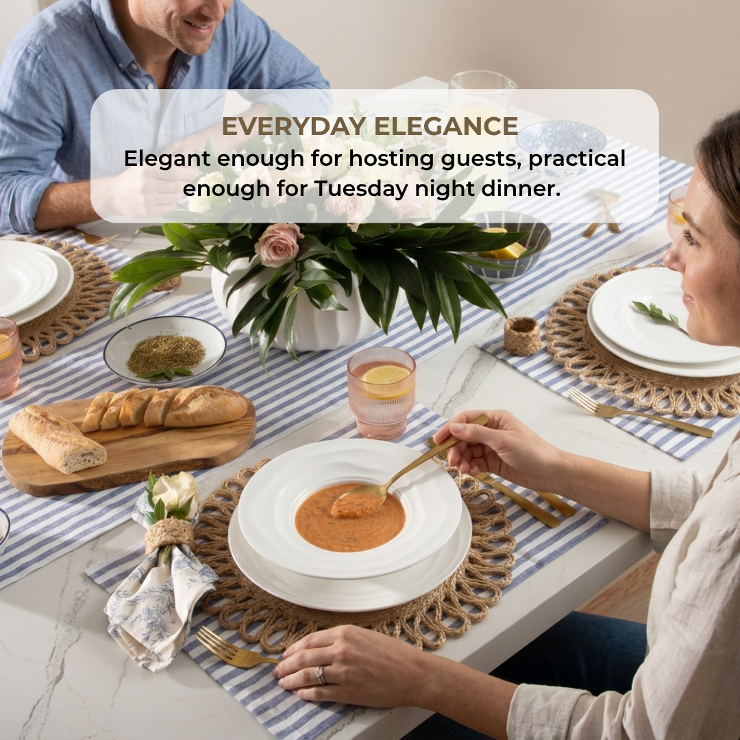 Couple dining with Natural Waves bone china plates and bowls at a table set for everyday hosting