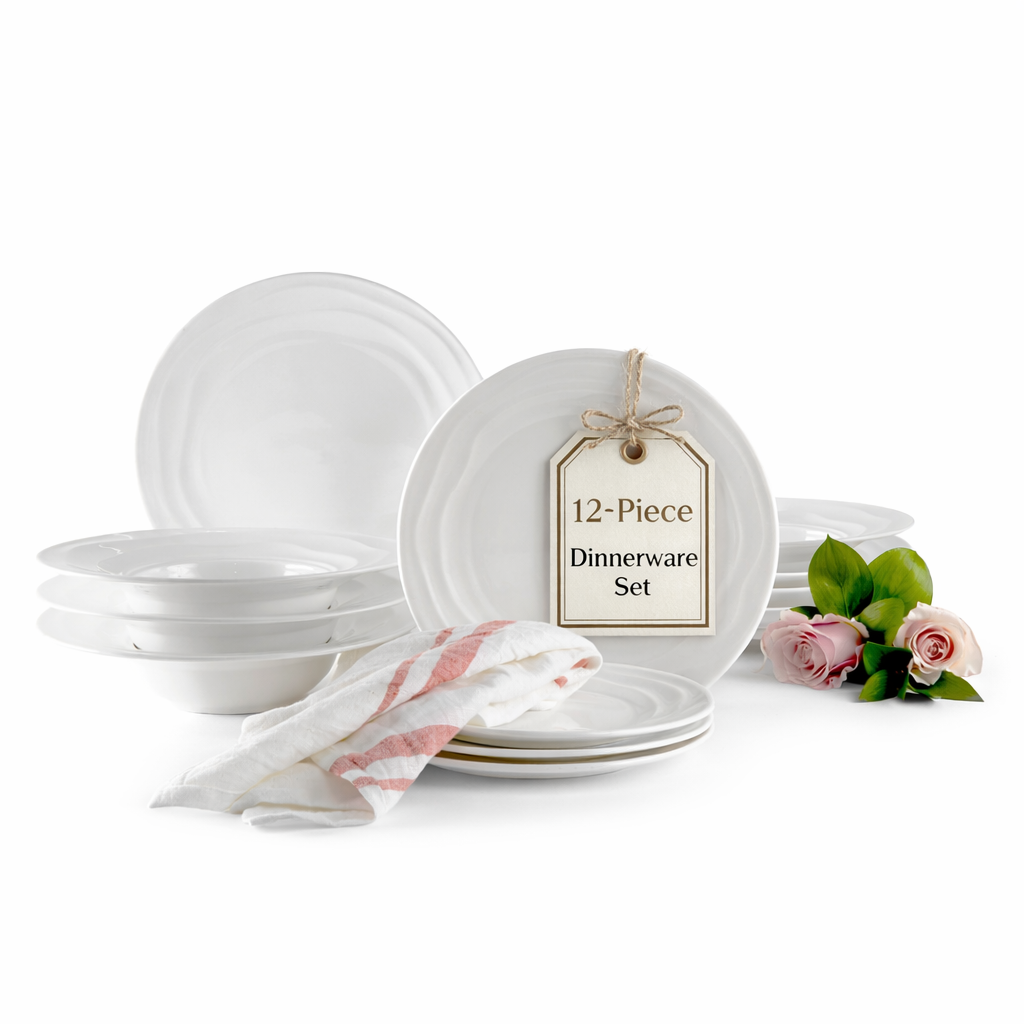 Natural Waves bone china dinnerware stack with wide-rim bowls, a '12-Piece Dinnerware Set' gift tag, and pink roses