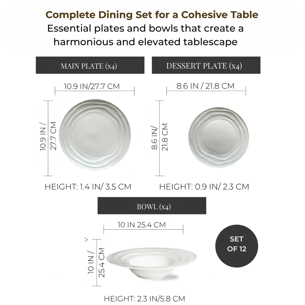 Diagram showing corrected diameter and height measurements for the Natural Waves 12-piece dinnerware set: 10.9-inch main plates, 8.6-inch dessert plates, and 10-inch bowls