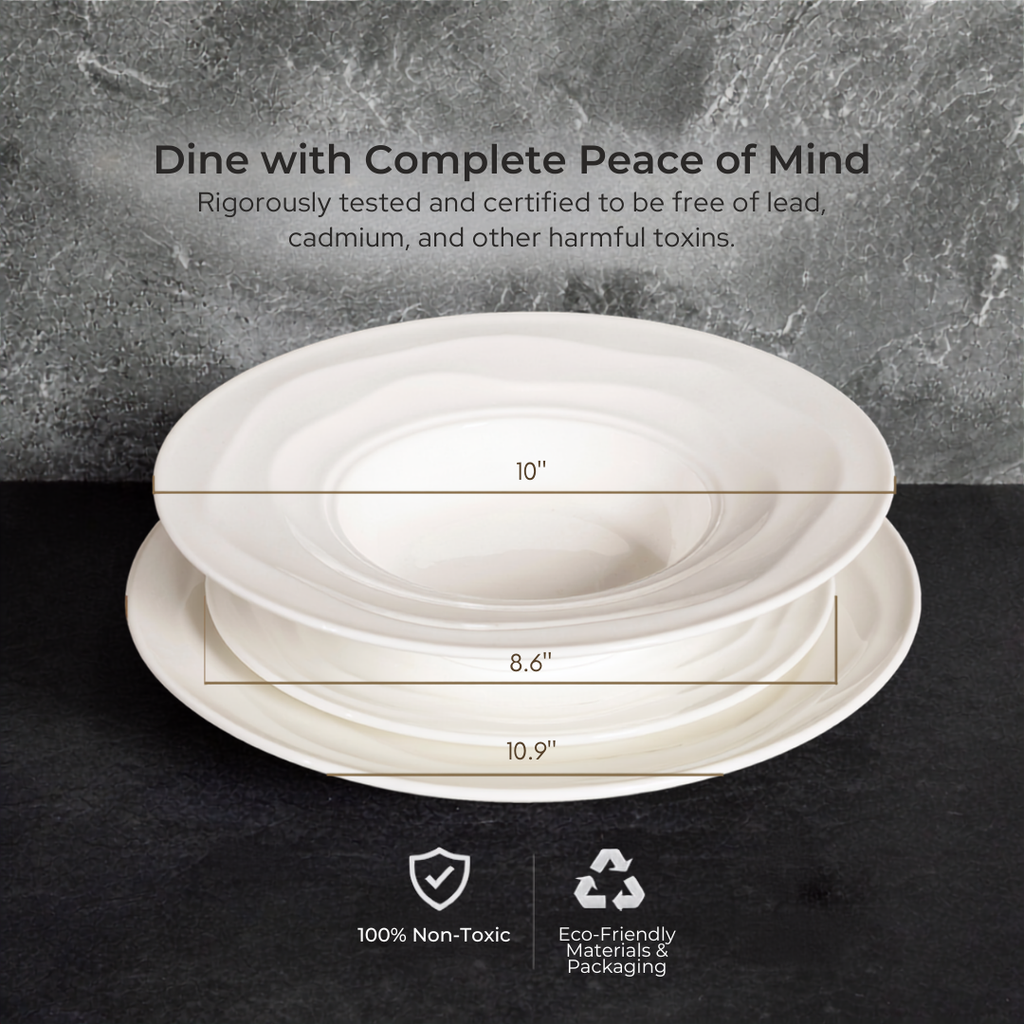Natural Waves dinnerware plate and bowl stack with measurement callouts (10.9-inch plate, 8.6-inch dessert plate, 10-inch bowl) and non-toxic, eco-friendly material icons