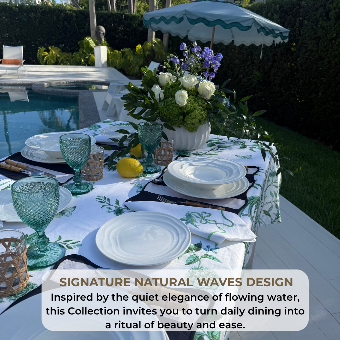 Natural Waves bone china dinnerware set with wide-rim bowls and plates arranged on a white background