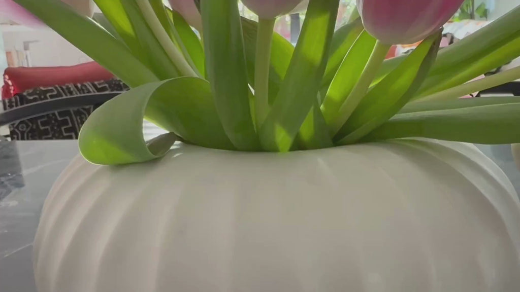 11" Large White Ceramic Flower Vase - Low Profile Centerpiece for Dining & Home Decor